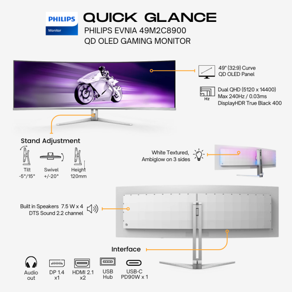 Philips 49  49M2C8900 Curved Dual QHD Monitor, QD OLED Panel 240Hz- DP,HDMI,USB Online now