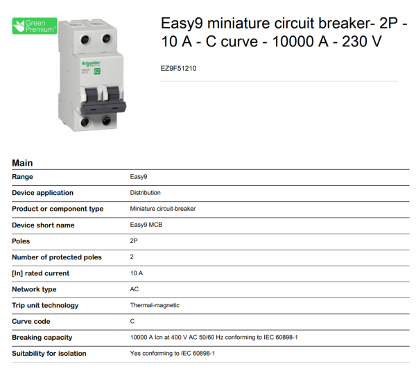 Schneider Easy9 IEC 2P 10A C DIN-Rail Type Miniature Circuit Breaker 230V 10kAIC (EZ9F51210) Online now