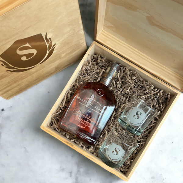 Custom Engraved Liquor Ensemble: Personalized Wooden Box, Bottle, and Whiskey Glasses Set Online