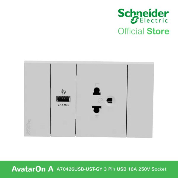 Schneider AvatarOn A 16A 250V 3 Pin USB Charger Universal Socket Grey A70426USB-UST-GY Online