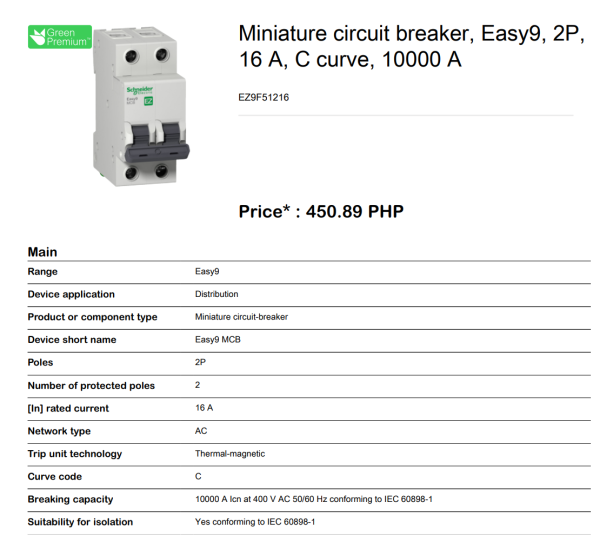 Schneider Easy9 IEC 2P 16A C DIN-Rail Type Miniature Circuit Breaker 230V 10kAIC (EZ9F51216) Fashion