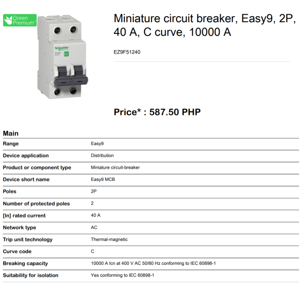 Schneider Easy9 IEC 2P 40A C DIN-Rail Type Miniature Circuit Breaker 230V 10kAIC (EZ9F51240) Discount