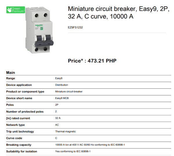 Schneider Easy9 IEC 2P 32A C DIN-Rail Type Miniature Circuit Breaker 230V 10kAIC (EZ9F51232) Sale