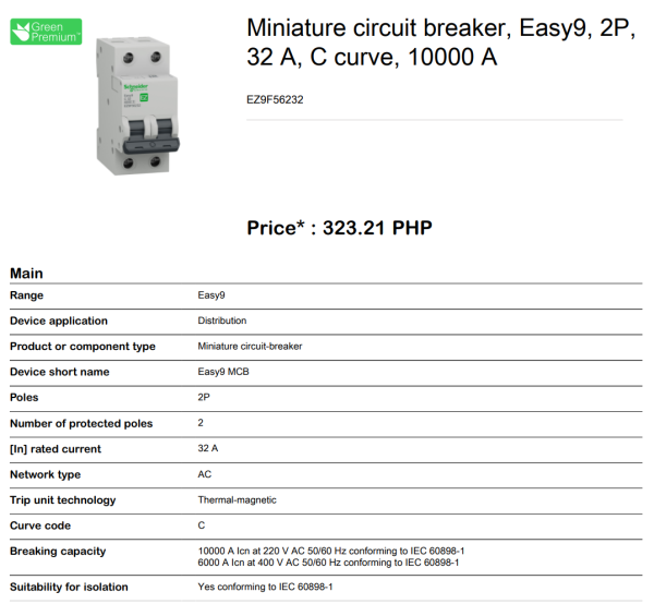 Schneider Easy9 IEC 2P 32A C DIN-Rail Type Miniature Circuit Breaker 230V 6kAIC EZ9F56232 Online Hot Sale