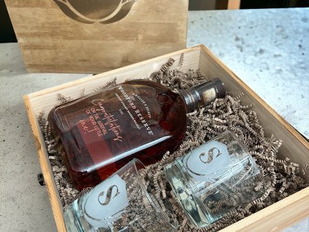 Custom Engraved Liquor Ensemble: Personalized Wooden Box, Bottle, and Whiskey Glasses Set Online