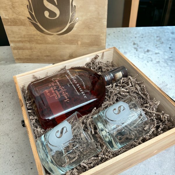 Custom Engraved Liquor Ensemble: Personalized Wooden Box, Bottle, and Whiskey Glasses Set Online