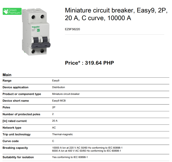 Schneider Easy9 IEC 2P 20A C DIN-Rail Type Miniature Circuit Breaker 220 400V 10kAIC EZ9F56220 Supply