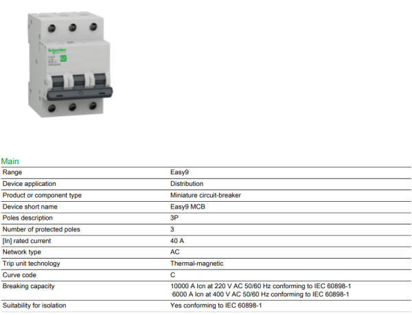 Schneider Easy9 IEC 3P 40A C DIN-Rail Type Miniature Circuit Breaker 400V 6kAIC (EZ9F56340) on Sale