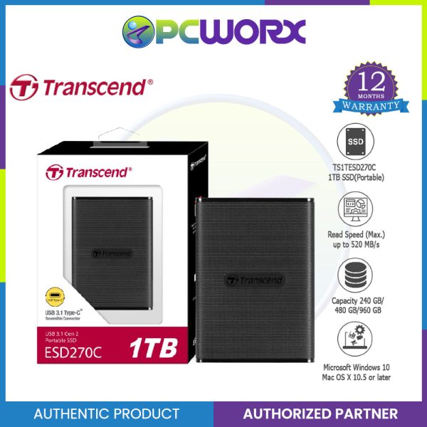 Transcend 1TB USB 3.1 Gen 2 USB Type-C ESD270C Portable Solid State Drive - TS1TESD270C on Sale