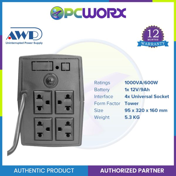 AWP AID1000 Aide 600W 1000VA UPS with AVR Uninterruptible Power Supply (4 Sockets) Discount