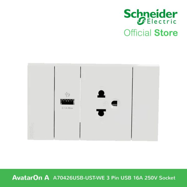 Schneider AvatarOn A 16A 250V 3 Pin USB Charger Universal Socket White A70426USB-UST-WE | Switch Outlet on Sale